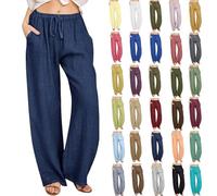 KUIH Womens Trousers Summer Casual Linen Trousers Drawstring Elastic Waist Long Pants Women Straight Wide Leg Lounge Pants High Waisted Palazzo Loose Fit Ladies Bottoms