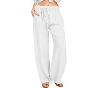 KUIH Womens Trousers Summer Casual Linen Trousers Drawstring Elastic Waist Long Pants Women Straight Wide Leg Lounge Pants High Waisted Palazzo Loose Fit Ladies Bottoms