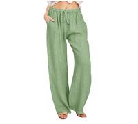 KUIH Womens Trousers Summer Casual Linen Trousers Drawstring Elastic Waist Long Pants Women Straight Wide Leg Lounge Pants High Waisted Palazzo Loose Fit Ladies Bottoms