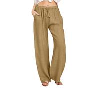 KUIH Womens Trousers Summer Casual Linen Trousers Drawstring Elastic Waist Long Pants Women Straight Wide Leg Lounge Pants High Waisted Palazzo Loose Fit Ladies Bottoms