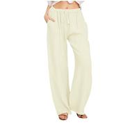 KUIH Womens Trousers Summer Casual Linen Trousers Drawstring Elastic Waist Long Pants Women Straight Wide Leg Lounge Pants High Waisted Palazzo Loose Fit Ladies Bottoms