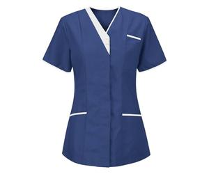 KUIH Work Uniform Women, Women's Scrub Top Short Sleeves Care Tunics with 3 Pockets Soft Stretch Sweat Absorbent & Moisture Work Wear & Uniforms Scrubs Top for Healthcare Spa Salon Beauty