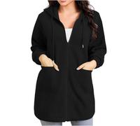 KUIH Zip Up Hoodie Women Fleece Longline Hoodie Plain Hooded Sweatshirts Full Zip Fleece Jackets Long Hoody Warm Zipped Cardigan Loose Fit Sweater Fall Outfits Winter Long Coats with Pockets Black
