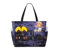 Kuilepa Mystery House Halloween Night Print Beach Pool Bags Tote For Women Ladies Large Gym Tote Carry On Bag For Weekender Travel Waterproof