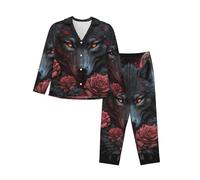 Kuilepa Rose Full Moon Black Wolf Pattern Womens Pajamas Set Button Down 2 Piece Pjs Long Sleeve Sleepwear