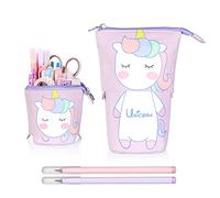KUILOESS Stand Pencil Holder, Telescopic Pencil Case with 2 Pencils Cartoon Cute Cat Pencil Pouch Canvas Pencil Holder Stationery Makeup Bag for Students and Office Supplies