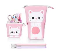 KUILOESS Stand Pencil Holder, Telescopic Pencil Case with 2 Pencils Cartoon Cute Cat Pencil Pouch Canvas Pencil Holder Stationery Makeup Bag for Students and Office Supplies