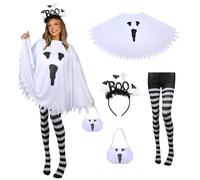 KUIRAN 4 PCS Halloween Costume Set for Women Adult Ghost Costume, Ghost Poncho, Candy bag Headband and Nylon Striped Tights for Halloween Cosplay Party