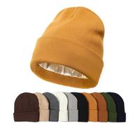 KUIRAN Satin Lined Beanie Hats for Women Men Knit Acrylic Beanie Winter Hat Silk Lining Soft Slouchy Warm Cuffed Beanie Hat, Caramel, One size