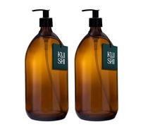 Kuishi 1000ml Glass Soap Dispenser with Black Plastic Pump - Pack of 2 Refillable BPA-Free Hand Soap Dispenser for Kitchen & Bathroom, Amber