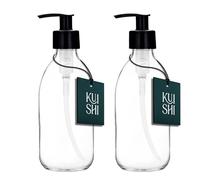 Kuishi 250ml Glass Soap Dispenser with Black Plastic Pump - Pack of 2 Refillable BPA-Free Hand Soap Dispenser for Kitchen & Bathroom, Clear