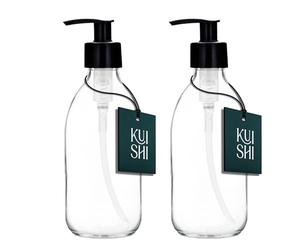Kuishi 250ml Glass Soap Dispenser with Black Plastic Pump - Pack of 2 Refillable BPA-Free Hand Soap Dispenser for Kitchen & Bathroom, Clear
