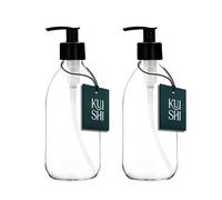 Kuishi 300ml Glass Soap Dispenser with Black Plastic Pump - Pack of 2 Refillable BPA-Free Hand Soap Dispenser for Kitchen & Bathroom, Clear