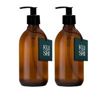 Kuishi 300ml Glass Soap Dispenser with Black Plastic Pump - Pack of 2 Refillable BPA-Free Hand Soap Dispenser for Kitchen & Bathroom, Amber