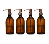 Kuishi- Set Of 2-500ml Bathroom Bottles- Amber Glass - Shampoo- Hand Wash-Body Wash-Conditioner- Bronze Stainless Steel- Recycled Amber Glass- Eco Friendly- Modern Home Décor-Versatile