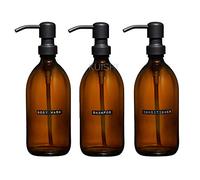 Kuishi- Set Of 3-500ml Bathroom Bottles- Amber Glass- Recycled-Conditioner dispenser -Shampoo dispenser - Body Wash Dispenser- Black Stainless Steel Pump- Modern Home Décor