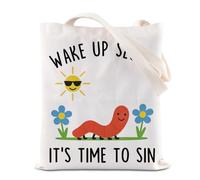 KUIYAI Sarcastic Worm Graphic Tote Bag Cursed Unhinged Humor Top Viral Gift Weirdcore Gift Wake Up It’s Time To Sin Canvas Bag(TimeToSinTS-US)