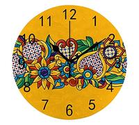 Kuizee Silent PVC Wall Clock Non Ticking Battery Operated Mexican Talavera Ornamental Flowers Yellow Uncovered Decoration Home Office Bedroom Living Room Mute Clock 9.8 Inch