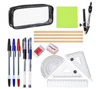 KUIZHEN 18 Pcs Stationary Sets, School Supplies Stationary Set kit with 4 Graphite Pencils, 5 Pens, 4 Rulers, Eraser & Sharpener, Compass, Pencil Case and Sticky notes for Office, Home Or School