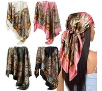 KUIZHEN Satin Head Scarf, 4 Pcs 35'' Large Square Satin Headscarves, Silk Head Scarf with Classic Patterned, Smooth Satins Scarves Silk Feeling Neck Scarves for Women(90 * 90cm)