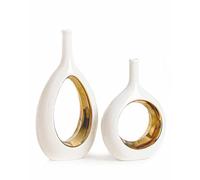KuJaRen White Gold Modern Vase Set, Ceramic Vases for Decor, 2-Piece, 6.3"W x 9.4"H & 5.9"W x 12"H