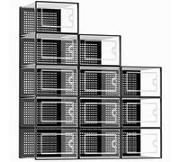 Kuject Large Shoe Boxes, Fit UK Size 12, Clear Stackable Shoes Storage Organiser, Plastic Sneakers Containers, Substitute for Shoe Rack, Space Saving for Entryway, Closet, 12-Pack, Black