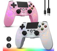 Kujian Wireless Controller for PS4 2-Pack with RGB LED Modes, Gaming Remote with 1000mAh Battery/Dual Shock/6-Axis Gyro/3.5mm Audio Jack/Speaker, Gaming Controller for Playstation 4/PS3(Pink+White)