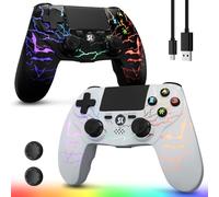 Kujian Wireless Controller for PS4 2-Pack with RGB LED Modes, Gaming Remote with 1000mAh Battery/Dual Shock/6-Axis Gyro/3.5mm Audio Jack/Speaker, Gaming Controller for Playstation 4/PS3(White+Black)