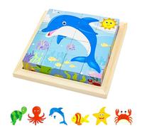 Kujinova Wooden Cube Puzzle, 6 In 1 Animal Puzzle 3D Cube Block Toys, Blocks 12, 2 x 12, 2 CM, Wooden Puzzles for 3+ Year Old, Environmentally for Girl Boy Birthday Gift Toy (C)