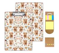 KUJKBFWJ Acrylic Clipboards with Sticky Note, A4 Letter Size Durable Cute Clip Board 9x12.5, for Students, Nursing, School and Office, with Low Profile Clip & Hanging Loop, Highland Cow Flower