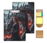 KUJKBFWJ Acrylic Clipboards with Sticky Note, A4 Letter Size Durable Cute Clip Board 9x12.5, for Students, Nursing, School and Office, with Low Profile Clip & Hanging Loop, Red-haired Woman and Dragon