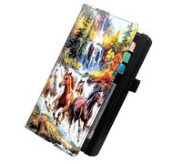 KUJKBFWJ Checkbook Cover for Personal Checkbook, Checkbook Holder with Pen Holder & Built-in Clear Plastic Divider for Duplicate Checks, 5, Horses Through River, 7.8 x 4.7 x 0.3 inches, Contemporary