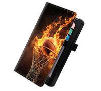 KUJKBFWJ Checkbook Wallet & Holder | Leather Cover for Duplicate/Side-Tear Checks | Slim Check Book Wallet Women & Men with Card Slots, Pen Loop | Premium Unisex Organizer, 18, Basketball in the Fire