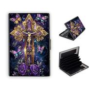 KUJKBFWJ Credit Card Holder Wallet for Women - Ultra-Slim Metal Card Wallet with RFID Blocking | Mini 6-Slot Card Case Wallet, Secure & Stylish Metal Credit Card Holder, 5, Purple Gold Cross, 3.78 x