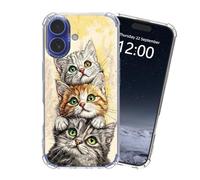 KUJKBFWJ for iPhone 16 Clear Case, Not Yellowing Clear Soft Shockproof Slim Case, 4 Airbag Corners Protective Phone Case for iPhone 16, Three Cute Kittens