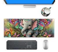 KUJKBFWJ Large Gaming Mouse Pad with Cup Coaster Set, XL Mousepad Large Desk Pad with Non-Slip Base, Extended Mousemat with Stitched Edges, 31.5 x 11.8 in, Vintage Elephant Lovers