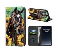 KUJKBFWJ Phone Case Wallet for Samsung Galaxy A13, RFID Women Approved Cell Phone Wallet with 3 Card Slots,Flip PU Leather Magnetic Closure Cover for Galaxy A13, Horse with Sunflower