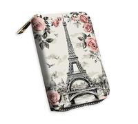 KUJKBFWJ Small Credit Card Case Wallet for Women, RFID Blocking Mini Slim Leather Card Holder Wallet, Pocket Business Card Case with Zipper Card Holder, 3, The Paris Iron Tower and Rose, 5.3 x 4.5 x