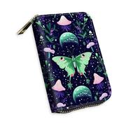KUJKBFWJ Small Credit Card Case Wallet for Women, RFID Blocking Mini Slim Leather Card Holder Wallet, Pocket Business Card Case with Zipper Card Holder, 17, Luna Moth and Moon, 5.3 x 4.5 x 1.4 inch