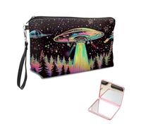 KUJKBFWJ Unique Cosmetic Bag with Pink Square Mirror, Elegant Makeup Bags with Zipper, Travel Toiletry Bag for Women for Girls Teen, 3, Colorful Flying Saucer, 7.9" x 5.1" x 2.55"