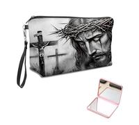 KUJKBFWJ Unique Cosmetic Bag with Pink Square Mirror, Elegant Makeup Bags with Zipper, Travel Toiletry Bag for Women for Girls Teen, 3, Sad People, 7.9" x 5.1" x 2.55"