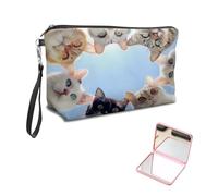 KUJKBFWJ Unique Cosmetic Bag with Pink Square Mirror, Elegant Makeup Bags with Zipper, Travel Toiletry Bag for Women for Girls Teen, 10, Seven Cats, 7.9" x 5.1" x 2.55"