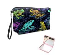 KUJKBFWJ Unique Cosmetic Bag with Pink Square Mirror, Elegant Makeup Bags with Zipper, Travel Toiletry Bag for Women for Girls Teen, 7, Neon-colored Frogs, 7.9" x 5.1" x 2.55"