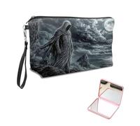 KUJKBFWJ Unique Cosmetic Bag with Pink Square Mirror, Elegant Makeup Bags with Zipper, Travel Toiletry Bag for Women for Girls Teen, 8, The Grim Reaper, 7.9" x 5.1" x 2.55"