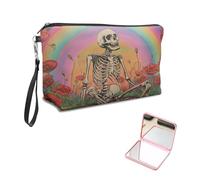 KUJKBFWJ Unique Cosmetic Bag with Pink Square Mirror, Elegant Makeup Bags with Zipper, Travel Toiletry Bag for Women for Girls Teen, 10, A Skeleton and Flowers, 7.9" x 5.1" x 2.55"