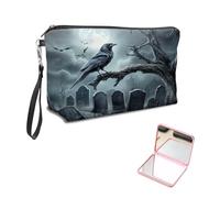KUJKBFWJ Unique Cosmetic Bag with Pink Square Mirror, Elegant Makeup Bags with Zipper, Travel Toiletry Bag for Women for Girls Teen, 10, A Mystic Raven, 7.9" x 5.1" x 2.55"