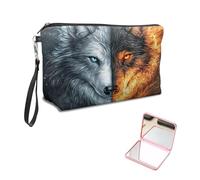 KUJKBFWJ Unique Cosmetic Bag with Pink Square Mirror, Elegant Makeup Bags with Zipper, Travel Toiletry Bag for Women for Girls Teen, 9, Cool Wolf, 7.9" x 5.1" x 2.55"