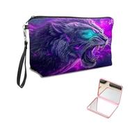 KUJKBFWJ Unique Cosmetic Bag with Pink Square Mirror, Elegant Makeup Bags with Zipper, Travel Toiletry Bag for Women for Girls Teen, 8, A Fierce Lion, 7.9" x 5.1" x 2.55"