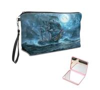 KUJKBFWJ Unique Cosmetic Bag with Pink Square Mirror, Elegant Makeup Bags with Zipper, Travel Toiletry Bag for Women for Girls Teen, 9, A Majestic Sailing Ship, 7.9" x 5.1" x 2.55"