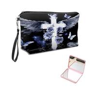 KUJKBFWJ Unique Cosmetic Bag with Pink Square Mirror, Elegant Makeup Bags with Zipper, Travel Toiletry Bag for Women for Girls Teen, 3, White Flying Cross, 7.9" x 5.1" x 2.55"